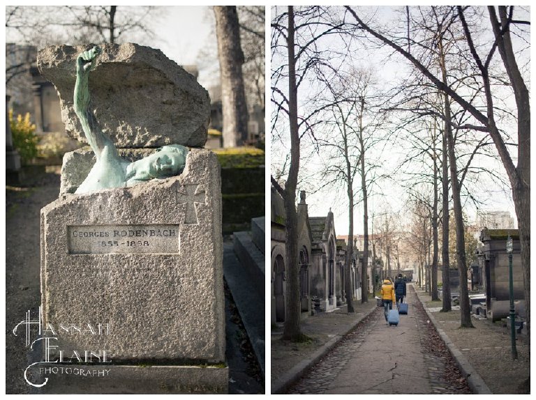the grave of rodenbach at pére lachaise, and a couple pulls suitcases down the narrow pathways
