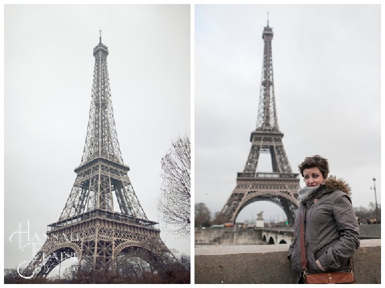 hannah elaine in front of the eiffel tower with her ona bowery bag in antique cognac