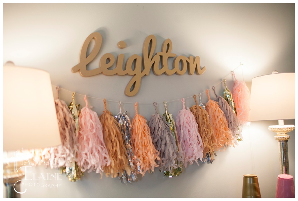 peach etsy pom pom streamer hangs below leighton monogram