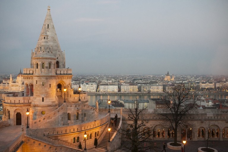 the fisherman's bastion terrace at dusk overlooking pest