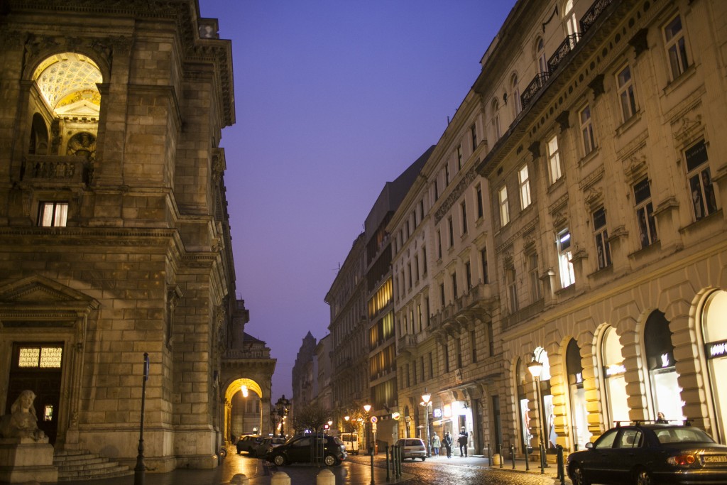 purple sky sunset at the opera house in budapest