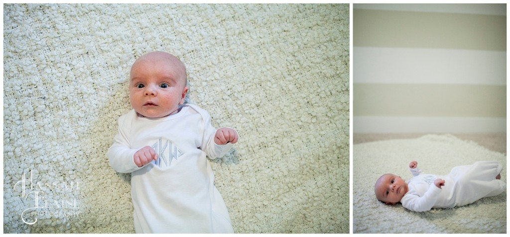 baby in monogrammed onesie in his nursery