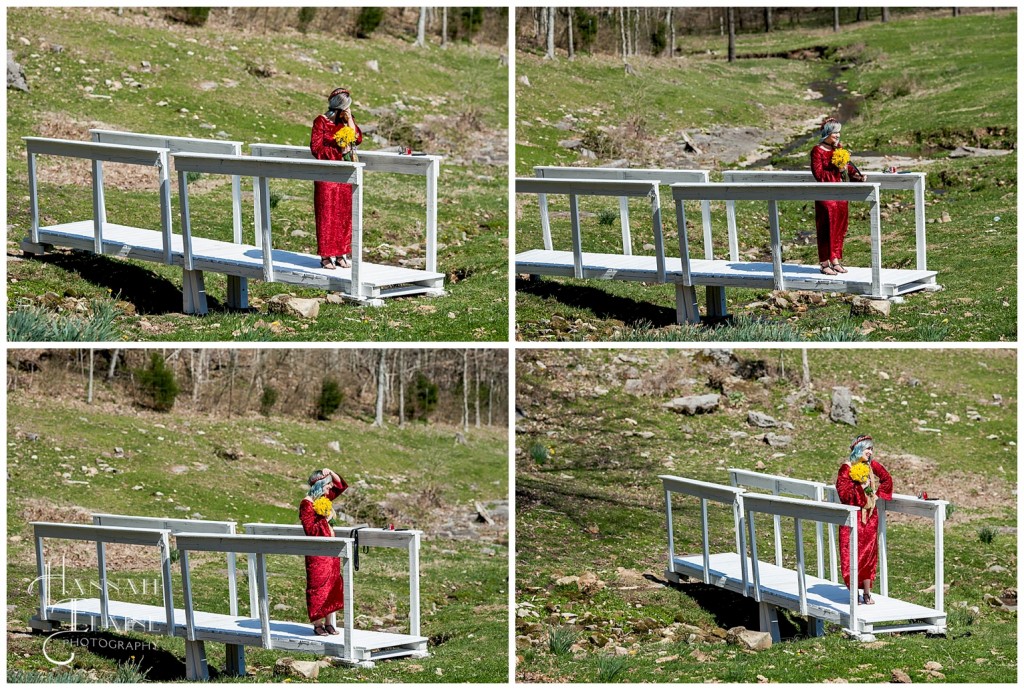 blue hair girl in red renaissance dress waits on a white bridge with daffodils