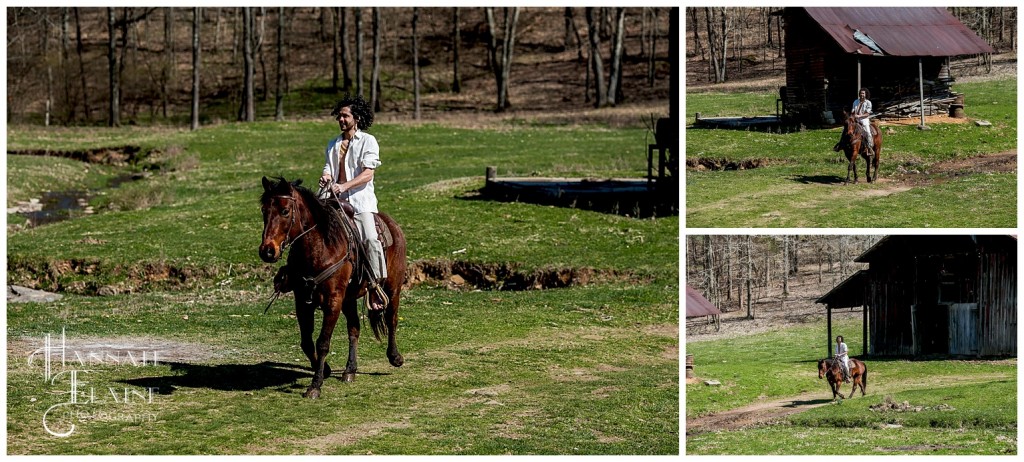 guy rides horse on the farm to meet his girlfriend to propose