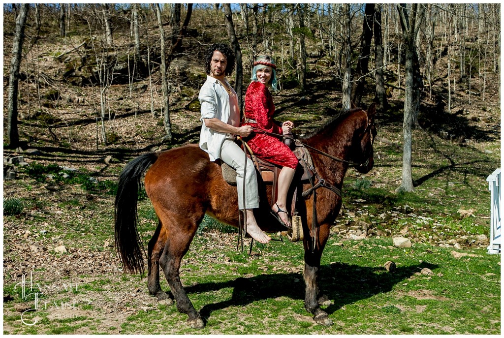 jasper the horse carries a newly engaged couple on the farm