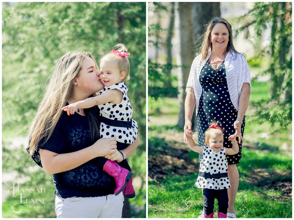 sisters hug each other and stand with mom