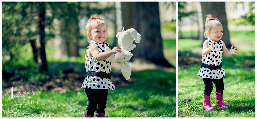 toddler holds her stuffed bunny