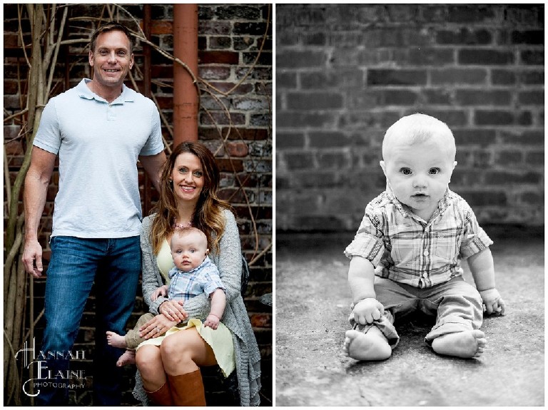 family portraits in front of rustic factory brick building