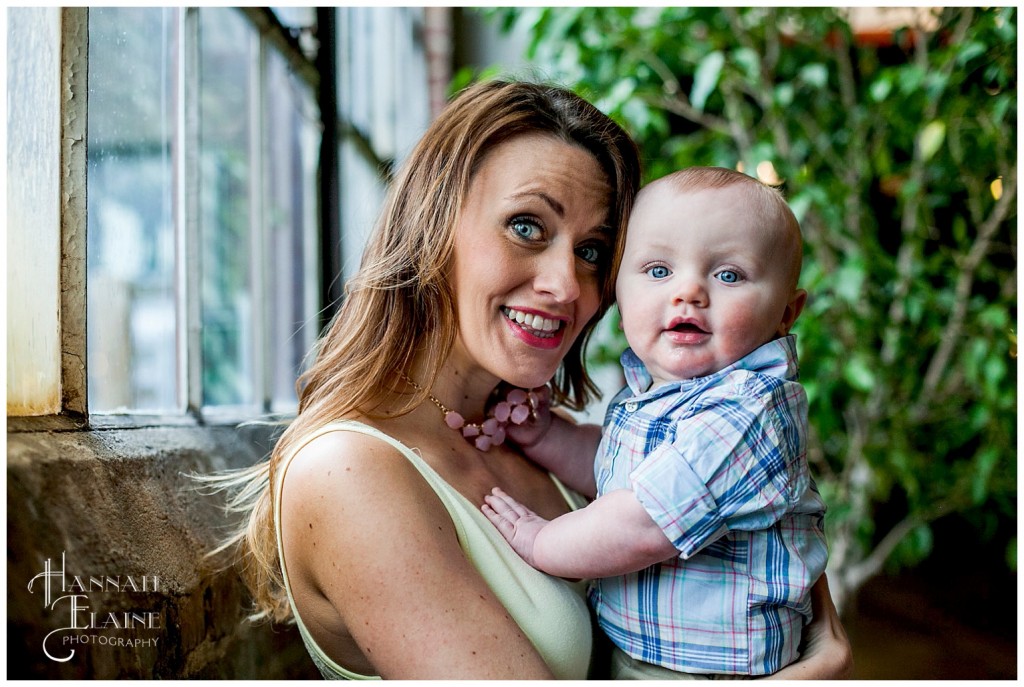 mom and son stand for a family photo