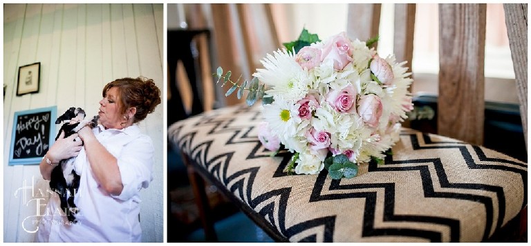 a boston terrier, and the bride's bouquet on a chevron stool