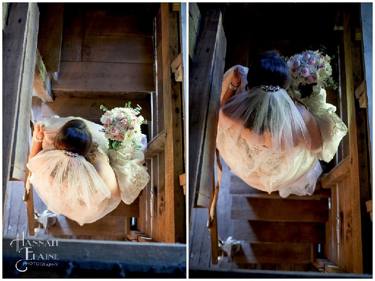 a bride mounts the stairs to see her groom for their first look