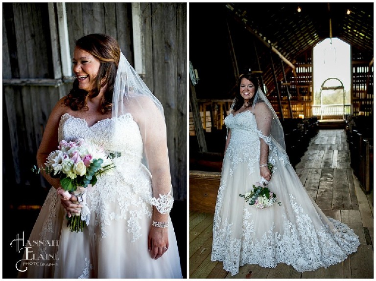 a bride stands against the aisle of pews in the barn loft