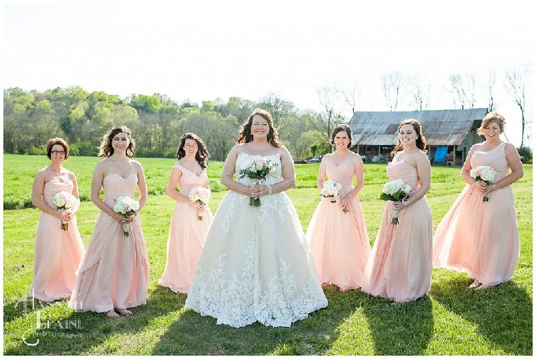 pink bridesmaids floor length dresses and a bride in lace
