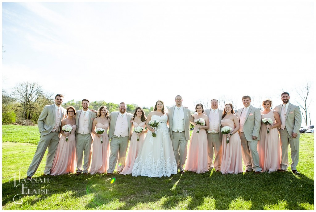 a bridal party stands together in a field in blush and tan