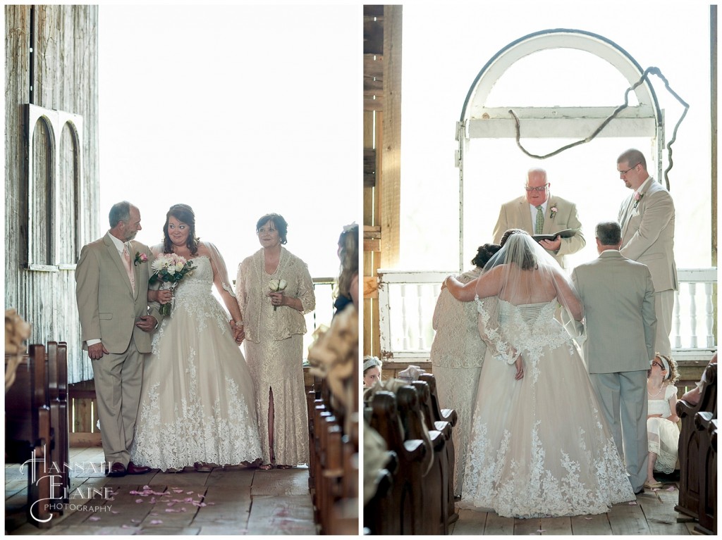 mother and father of the bride walk their daughter down the aisle