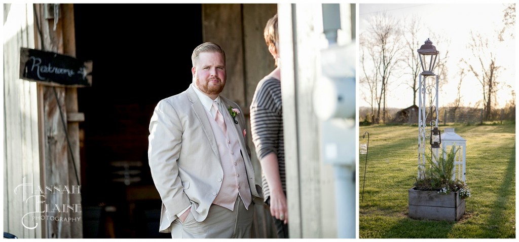 groomsman waits in line for food at reception