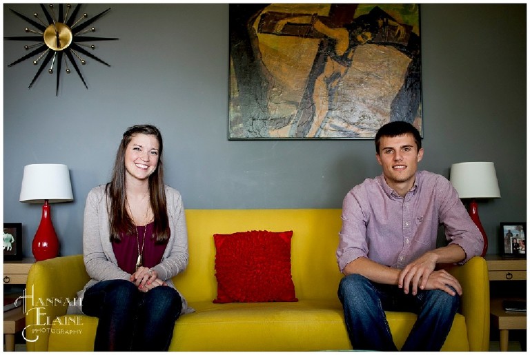 couple sits on chartreuse mod couch