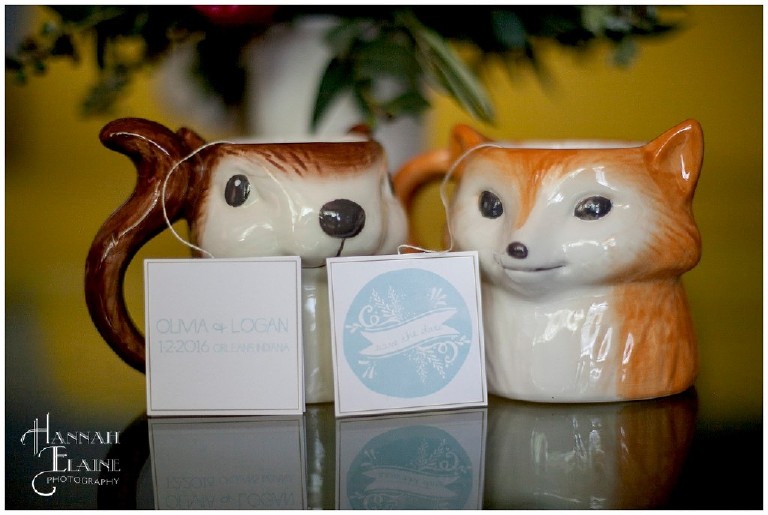 squirrel and fox coffee mugs with custom designed save the date tea bag tags