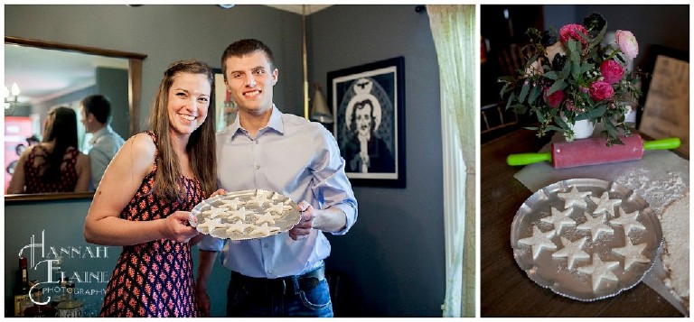 couple holds a vintage silver platter full of star shaped biscuit dough