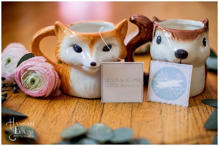 fox and squirrel vintage mugs with pink ranunculus and custom tea tags