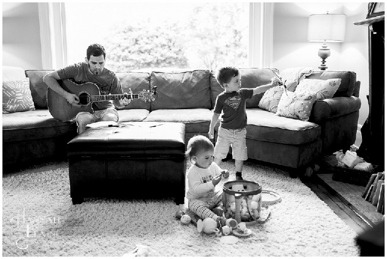 playing guitar and with toys before breakfast