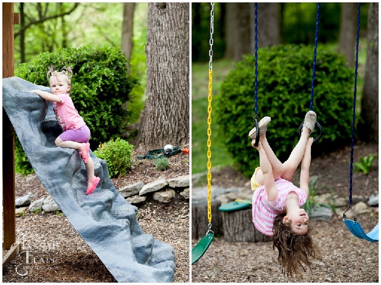 girls play on the jungle gym in their back yard