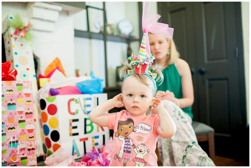 cute birthday hat on a girl in doc mcstuffins shirt