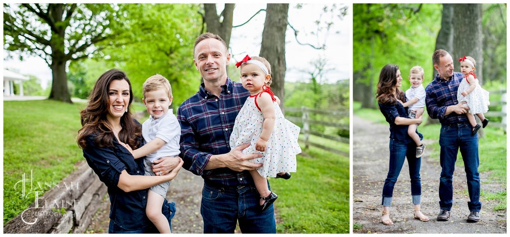 family stands together on the walking trail