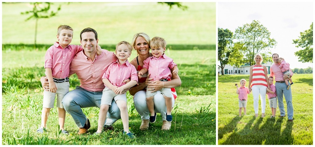 family stands in a field at the farm and poses for portraits