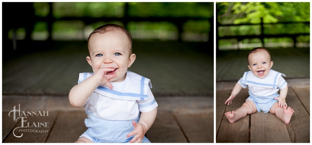 baby photos on the rustic cabin porch 