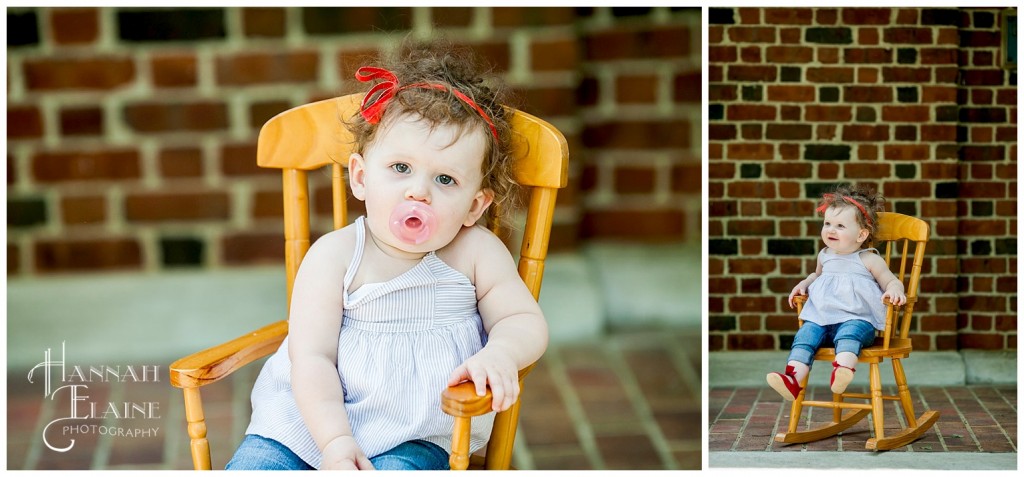 little girl plays in her rocking chair