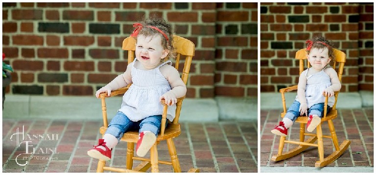 baby girl in vintage rocker doesn't want to take photos anymore