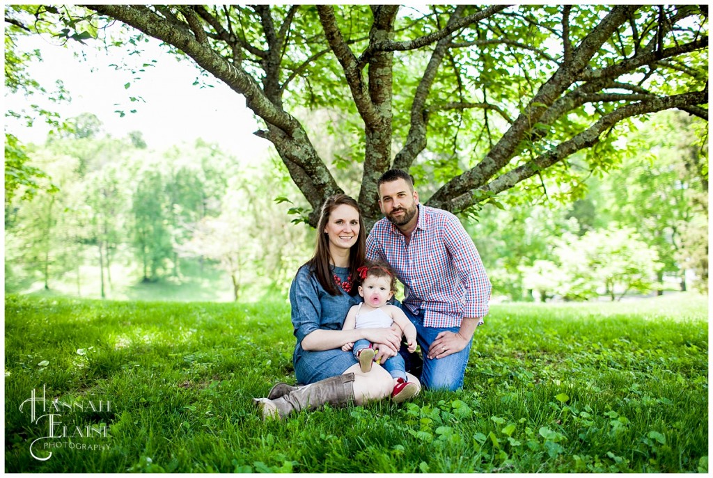 family of three takes a portrait under a tree at the park