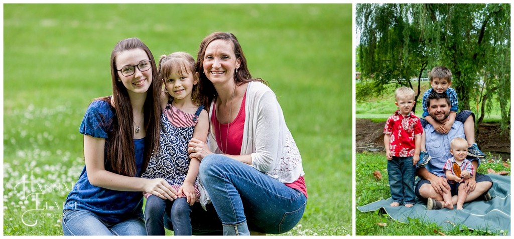 mom and daughters pose on one side, father and boys on the other