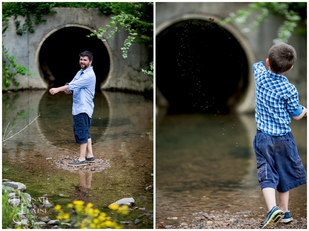 dad and son skip stones in the creek