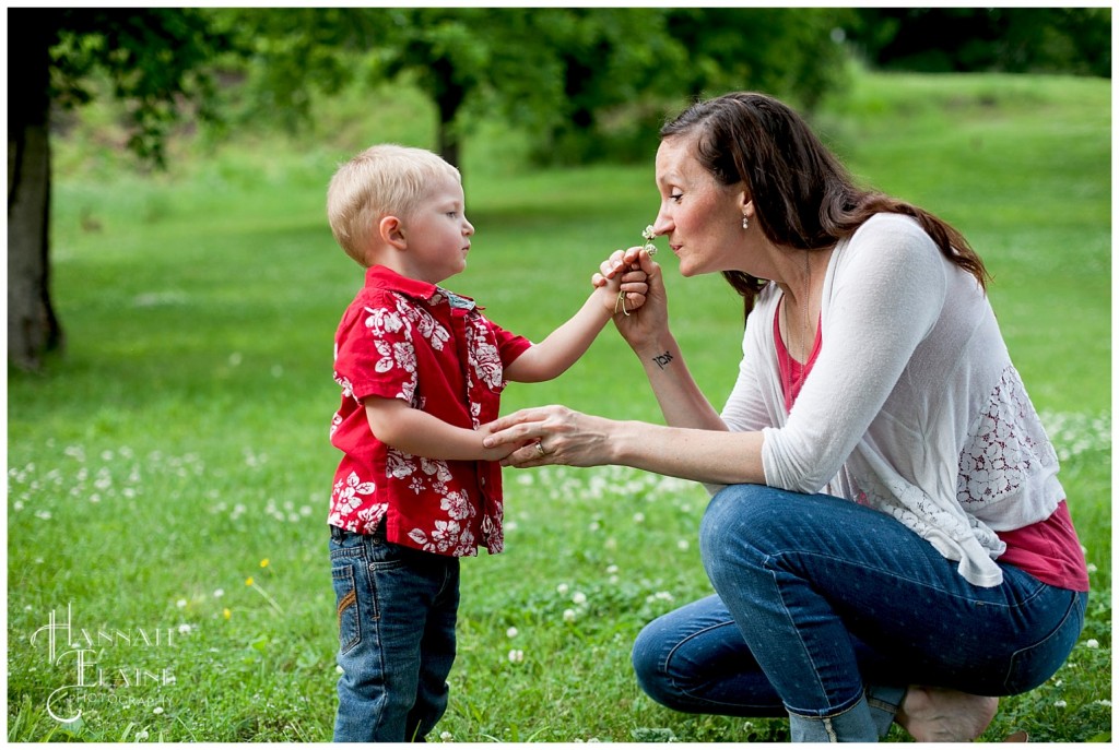 little boy picks flowers in the park for his mommy to smell