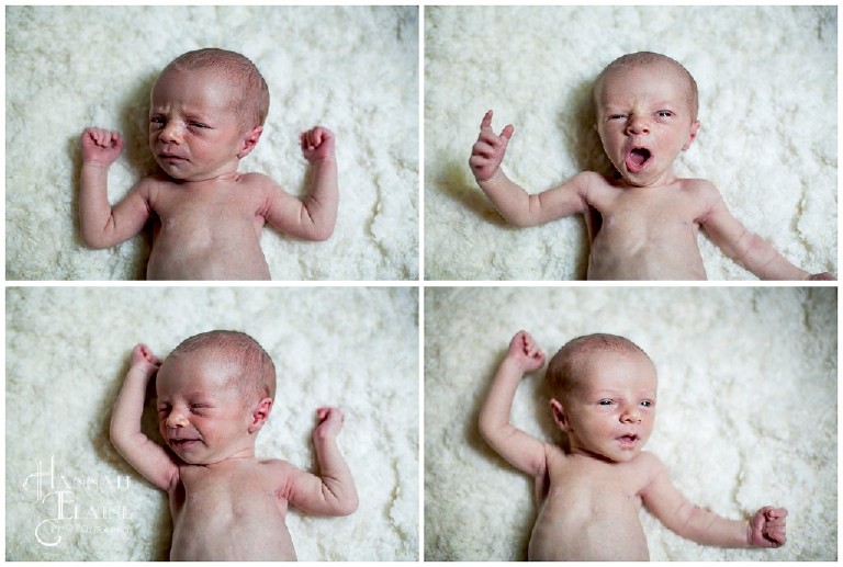 4 photos of newborn making silly faces