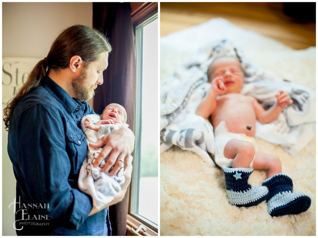 newborn in knitted baby cowboy boots