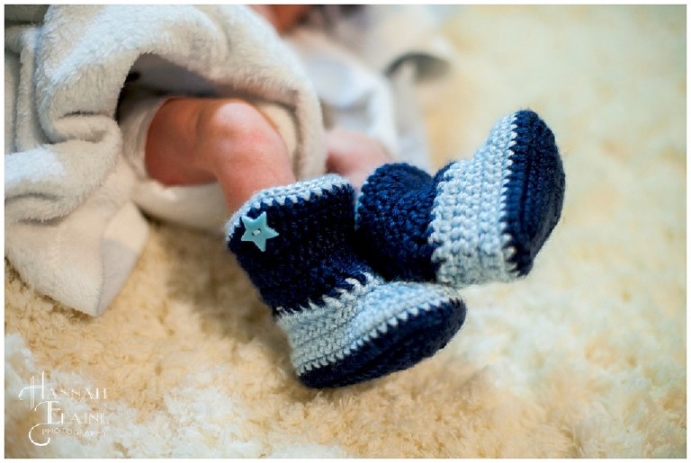 blue knitted newborn cowboy boot booties