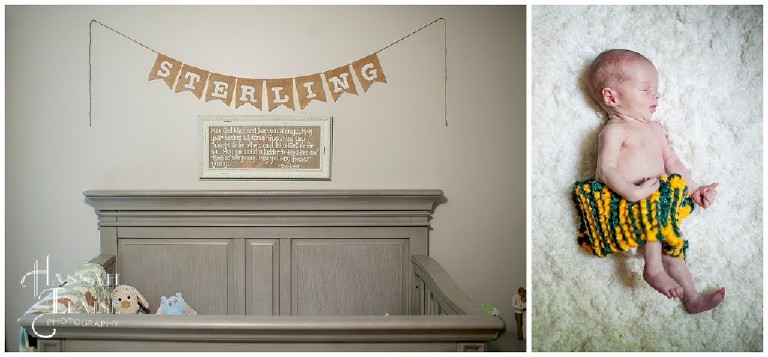 burlap sterling sign above baby crib