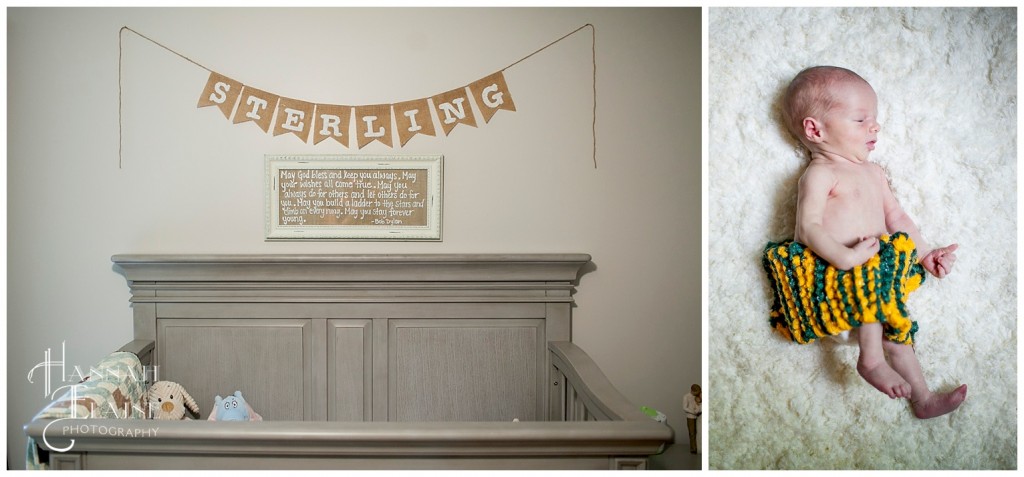 burlap sterling sign above baby crib