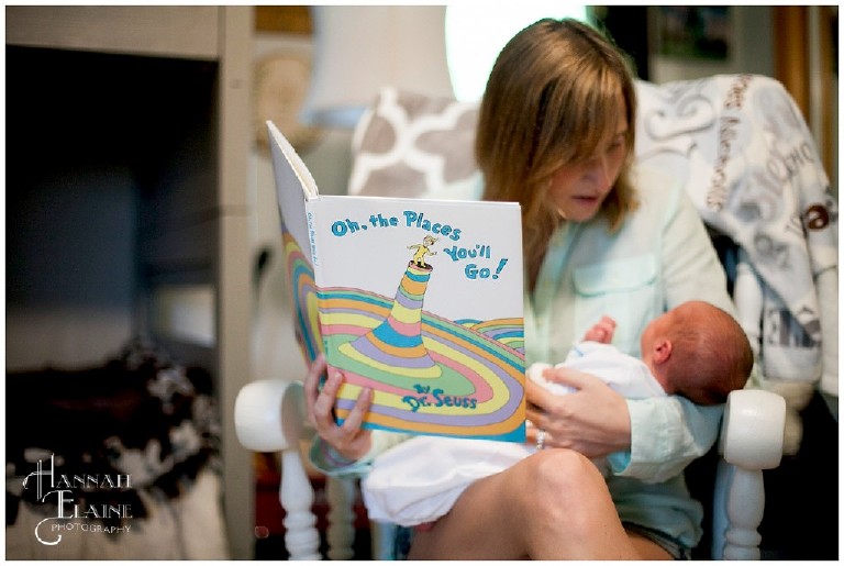 momma reads her new son a dr. seuss book