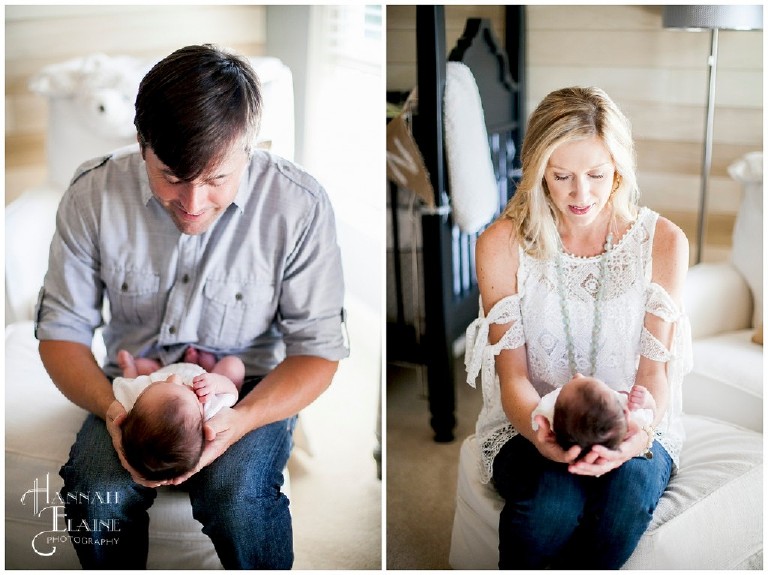 side by side photos of mom and dad looking at newborn boy