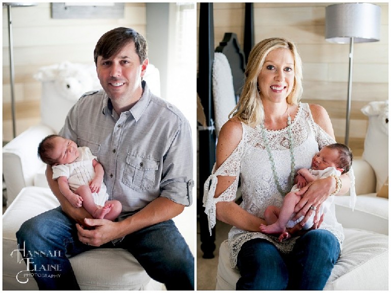 side by side photos of parents holding son