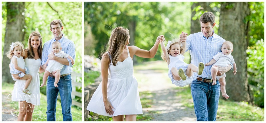 family in white walks through the park