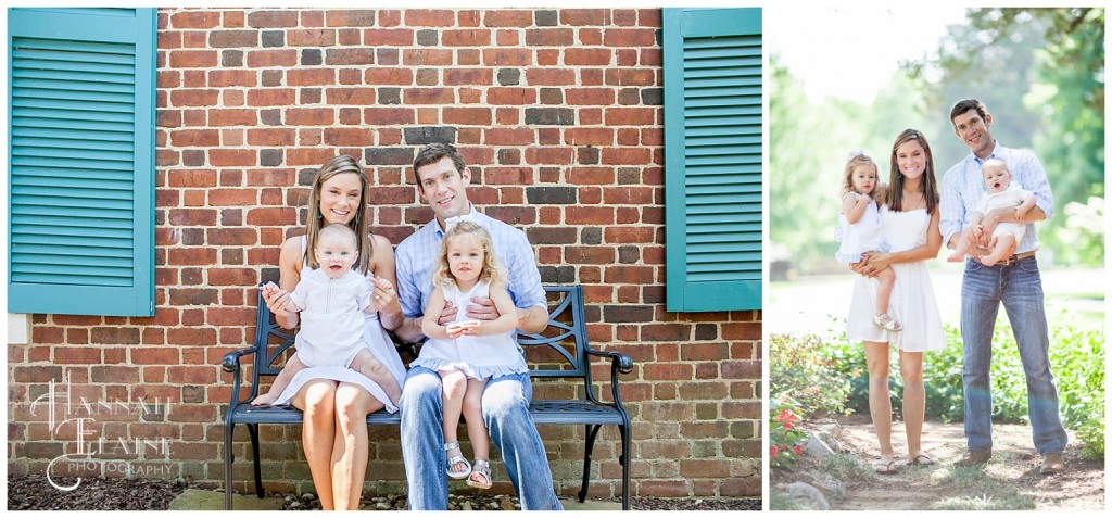 family of four takes photos in the park