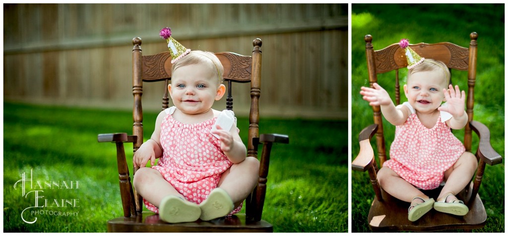 birthday girl in vintage rocker in the back yard