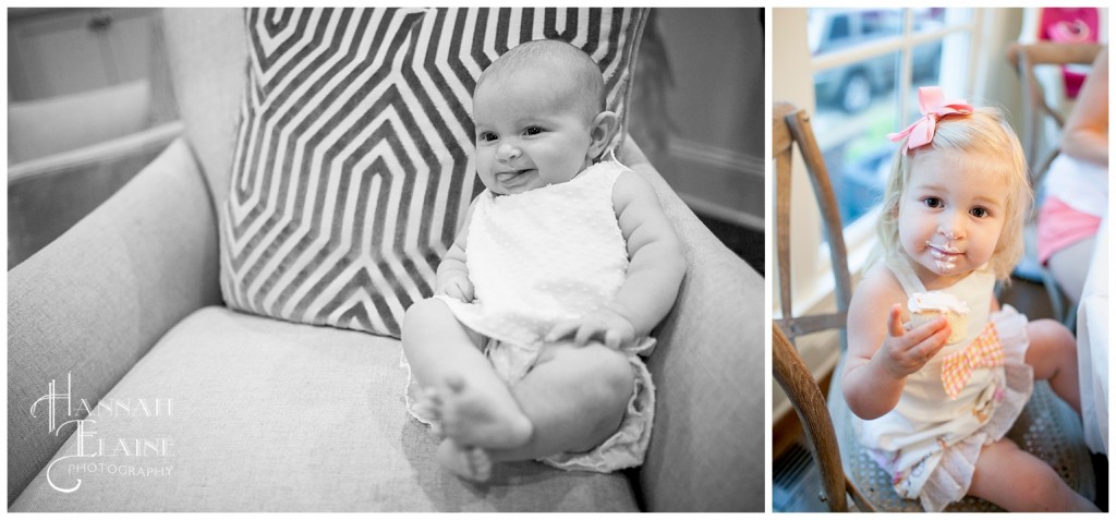 baby in chair and big sister eating cupcake