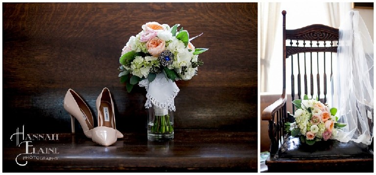 detail photos of bride's shoes and the bridal bouquet in the old chapel