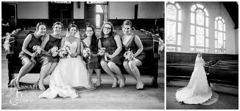 black and white images of bride and her girls in the chapel